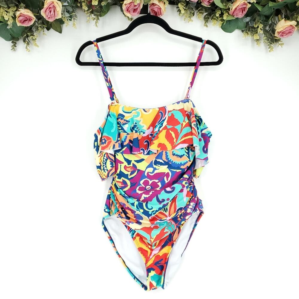 Tahari Baroque Floral Off-The-Shoulder One-Piece Swimsuit Size Medium